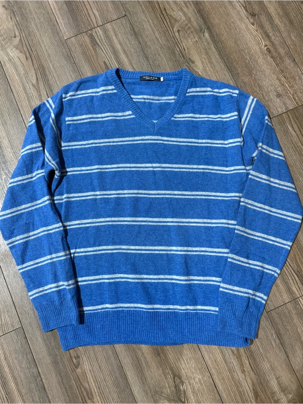 Iceland Italy Blue Striped Wool V-Neck Sweater XL Made in Italy